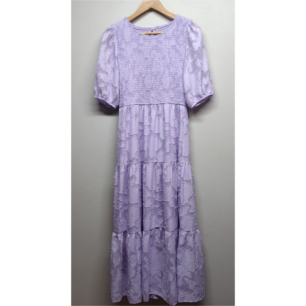 Merokeety Midi Dress Women M Lavender Smoked Floral Short Puffy Sleeve Romantic